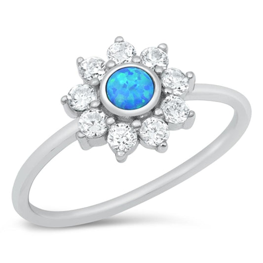 White CZ Blue Lab Opal Mandala Flower Ring .925 Sterling Silver Band Sizes 4-10