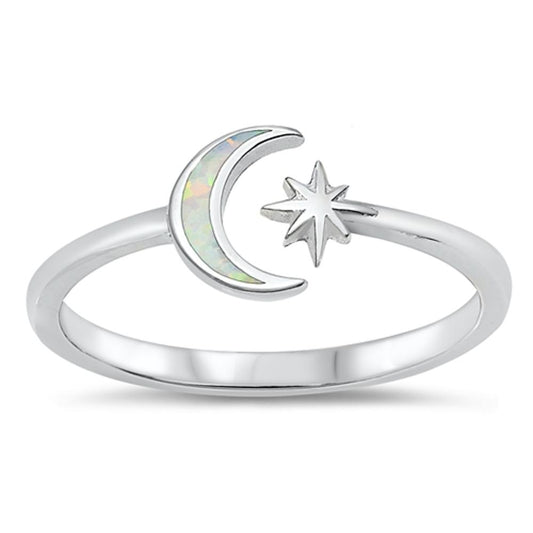 White Lab Opal Adjustable Moon Star Ring .925 Sterling Silver Band Sizes 4-10