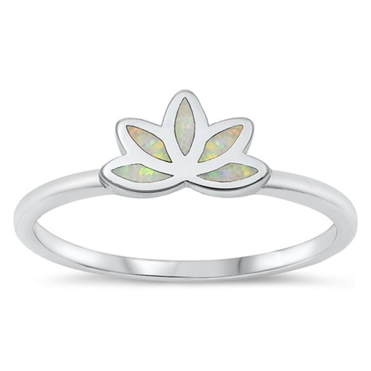 White Lab Opal Lotus Flower Cute Ring New .925 Sterling Silver Band Sizes 4-10