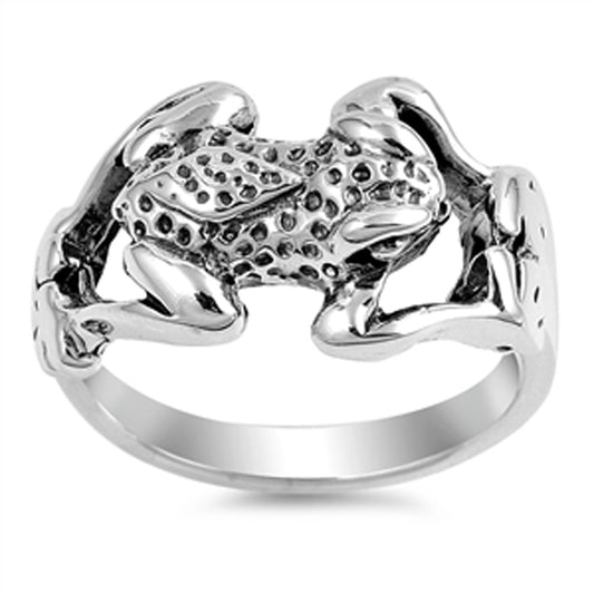 Antiqued Spotted Frog Jumping Animal Ring .925 Sterling Silver Band Sizes 4-10