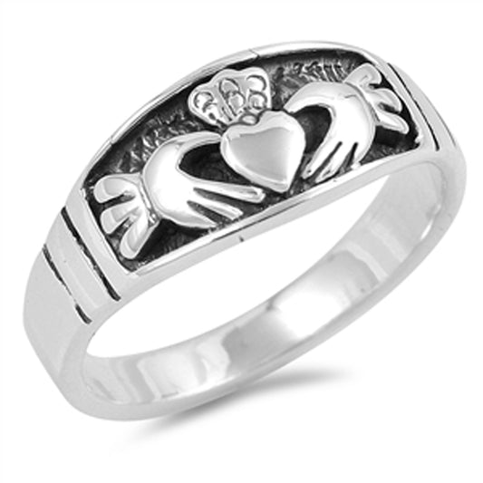 Oxidized Heart Claddagh Friendship Ring New .925 Sterling Silver Band Sizes 4-9