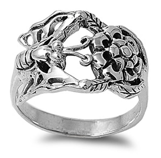 Oxidized Butterfly Flower Bee Nature Ring .925 Sterling Silver Band Sizes 6-10