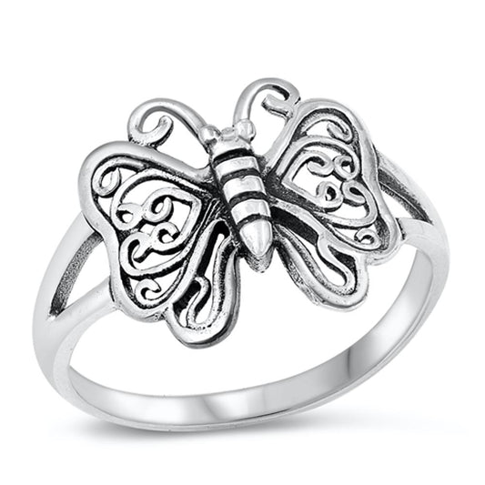 Oxidized Butterfly Filigree Heart Wings Ring 925 Sterling Silver Band Sizes 4-10
