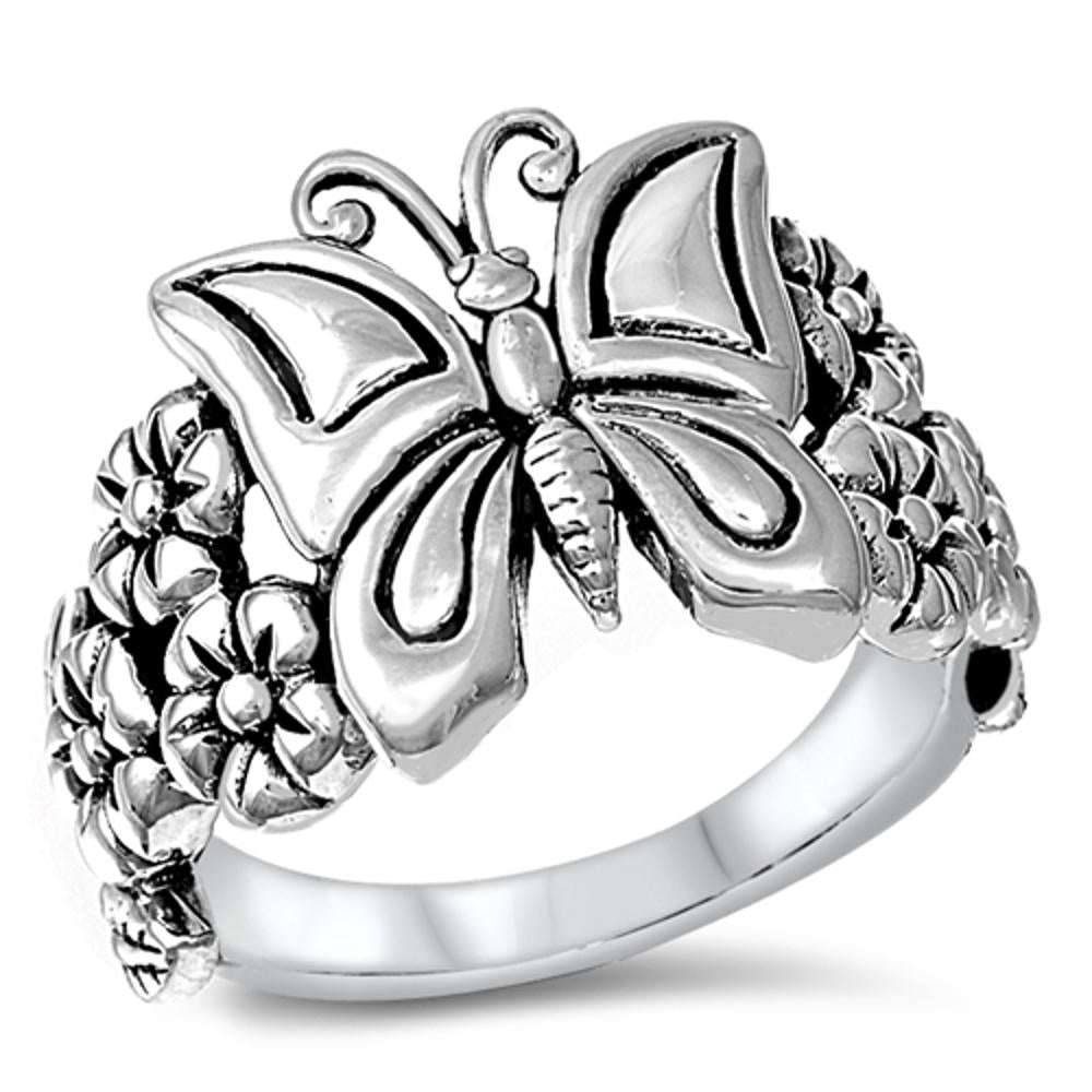 Sterling Silver Womans Butterfly Flower Ring Beautiful 925 Band 16mm Sizes 4-12