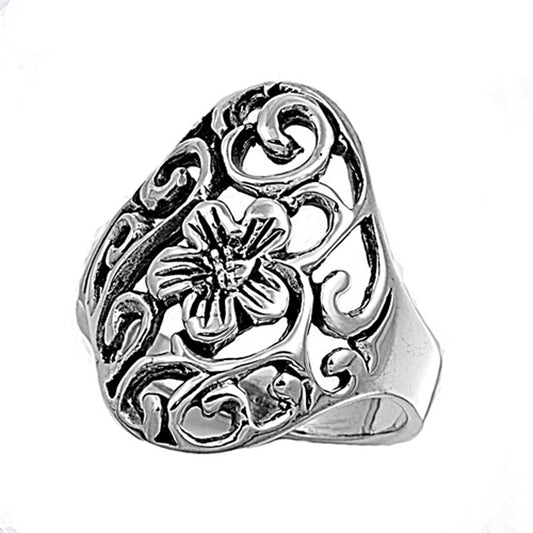 Wide Floral Antiqued Plumeria Flower Ring .925 Sterling Silver Band Sizes 6-10
