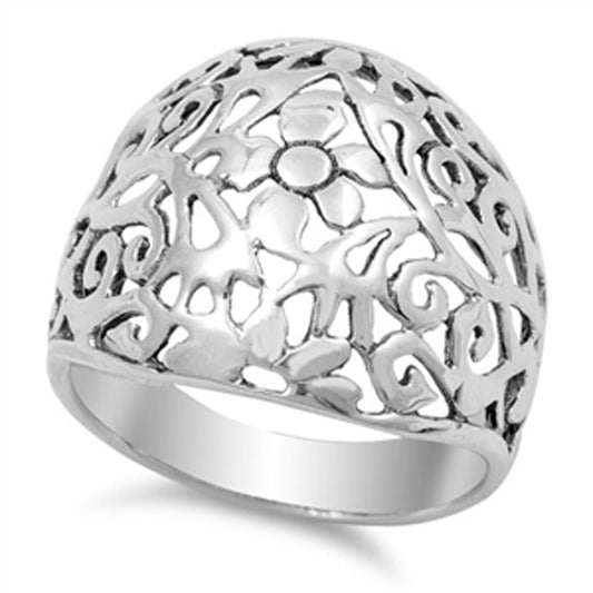 Wide Filigree Flower Cutout Victorian Style Ring Sterling Silver Band Sizes 5-10