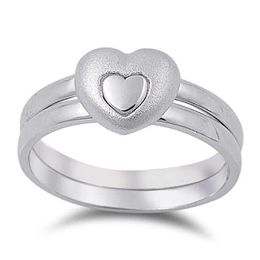 Matte Finish Heart Friendship Set Ring New .925 Sterling Silver Band Sizes 5-9