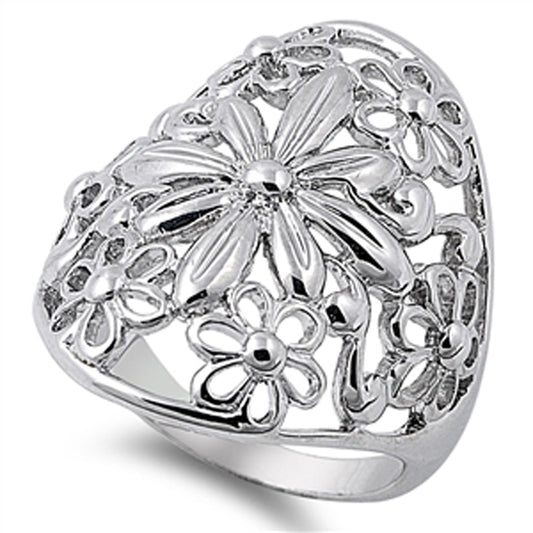Wide Filigree Floral Flower Daisy Ring New .925 Sterling Silver Band Sizes 6-10