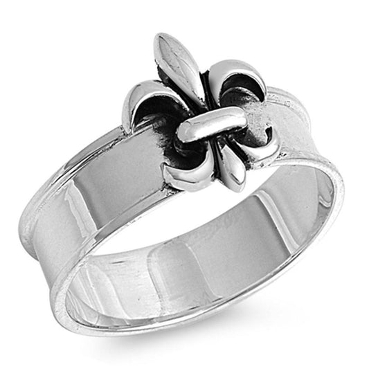Antiqued Fleur De Lis Plain Wide Ring New .925 Sterling Silver Band Sizes 5-12