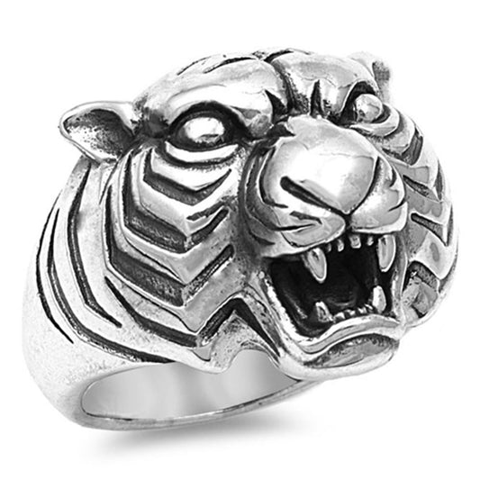Large Antiqued Tiger Head Animal Ring New .925 Sterling Silver Band Sizes 7-14