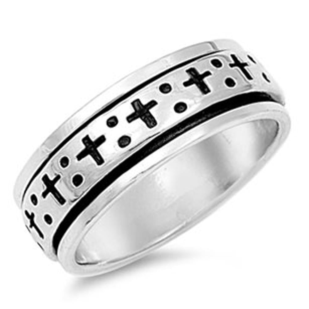 Sterling Silver Woman's Men's Cross Ring Christian Pure 925 Band 8mm Sizes 5-14