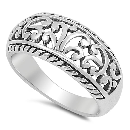 Wide Filigree Floral Oxidized Vintage Ring .925 Sterling Silver Band Sizes 4-11