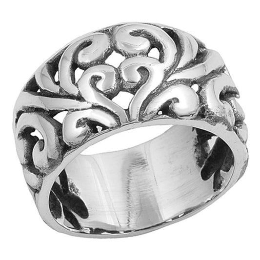 Antiqued Floral Swirl Wide Heavy Ring New .925 Sterling Silver Band Sizes 5-11