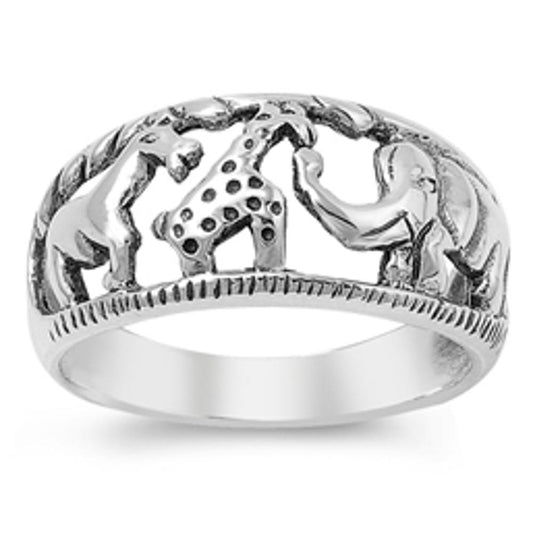 Elephant Giraffe African Animal Savanna Ring 925 Sterling Silver Band Sizes 4-12
