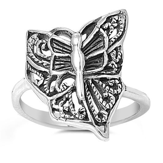 Detailed Oxidized Butterfly Wing Animal Ring 925 Sterling Silver Band Sizes 6-10