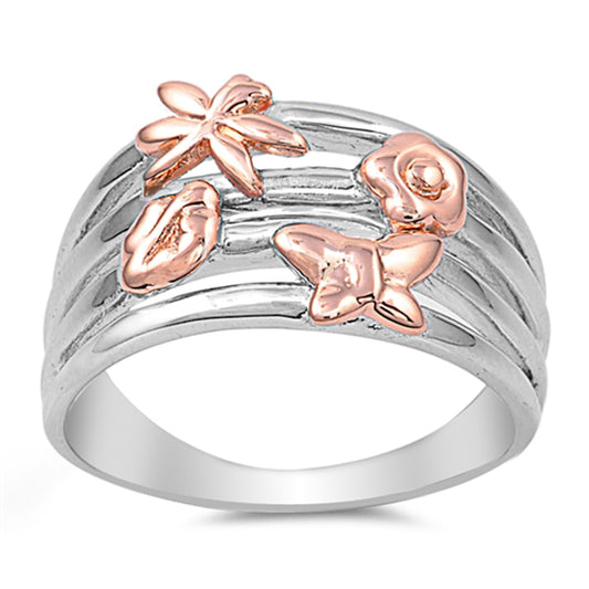 Rose Gold-Tone Dragonfly Butterfly Flower Ring Sterling Silver Band Sizes 6-10