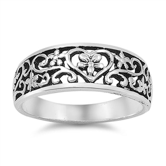 Antiqued Floral Heart Plumeria Filigree Ring 925 Sterling Silver Band Sizes 4-12