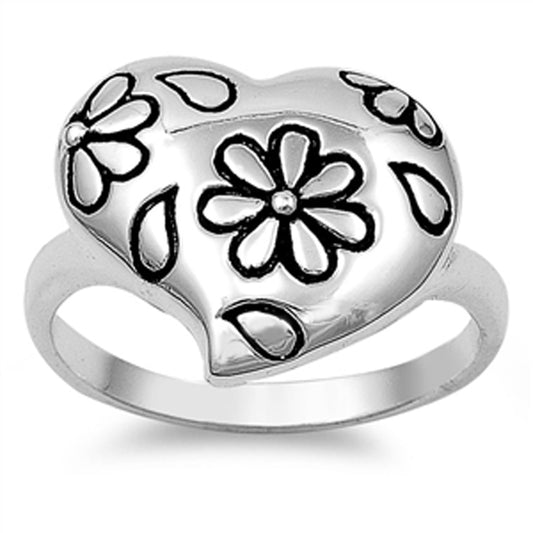 Antiqued Floral Flower Etched Heart Ring New 925 Sterling Silver Band Sizes 4-11