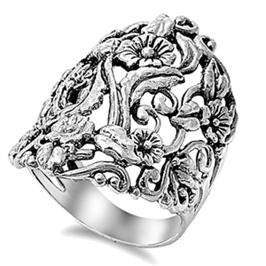 Vintage Wide Floral Tree Boho Ring 925 Sterling Silver Victorian Band Sizes 4-13