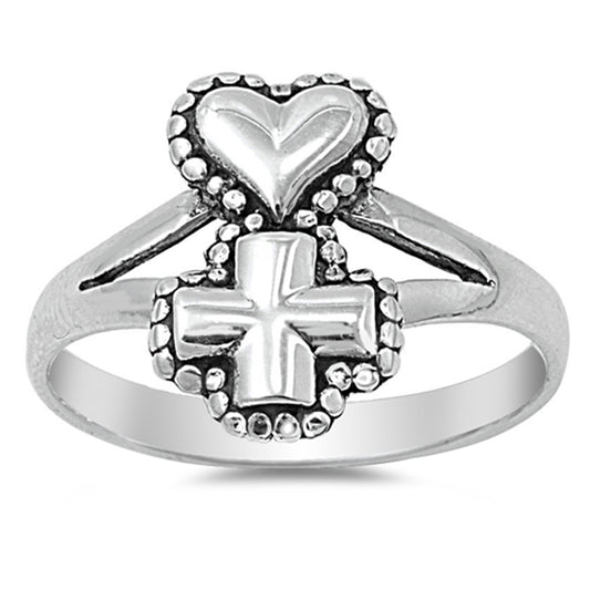 Antiqued Heart Cross Love Christ Ring New .925 Sterling Silver Band Sizes 4-11