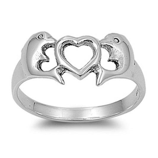 High Polish Heart Dolphin Promise Ring New .925 Sterling Silver Band Sizes 5-9
