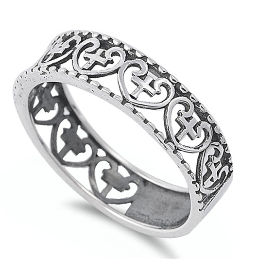 Antiqued Heart Cross Stackable Purity Ring .925 Sterling Silver Band Sizes 4-13