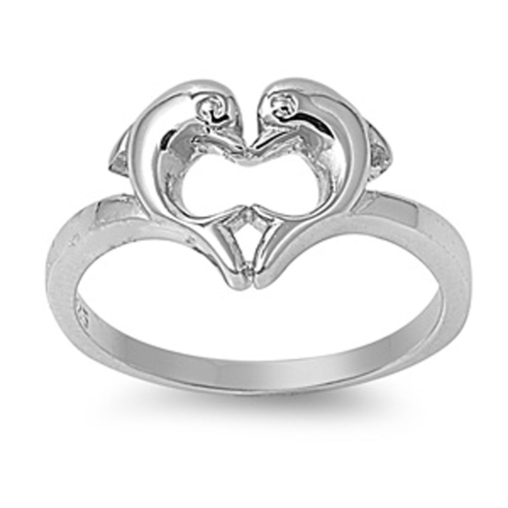 Sterling Silver Woman's Heart Love Dolphins Ring Promise Band 10mm Sizes 4-11