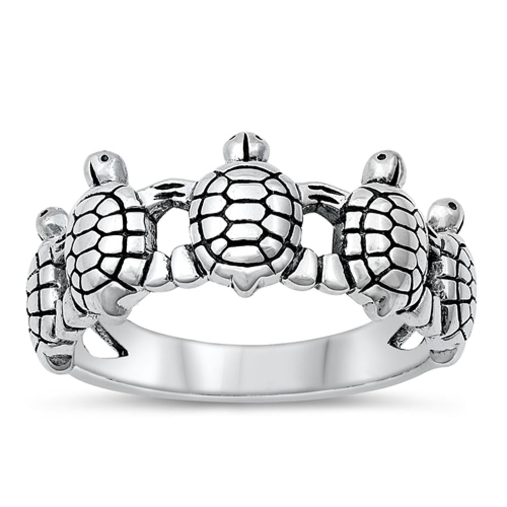 Sterling Silver Woman's Turtle Family Ring Polished 925 Band 10mm Sizes 4-12