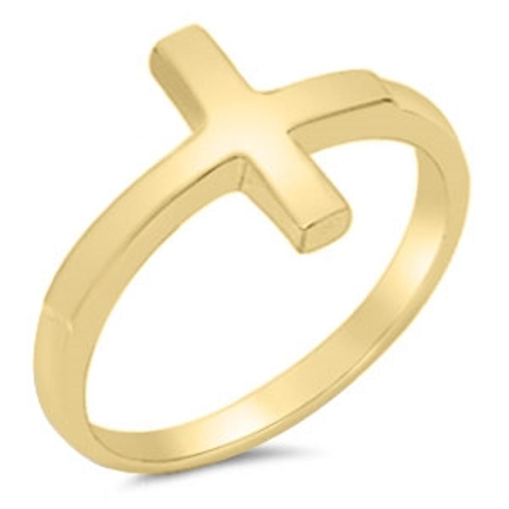 Gold-Tone Sideways Cross Christian Ring New .925 Sterling Silver Band Sizes 4-10
