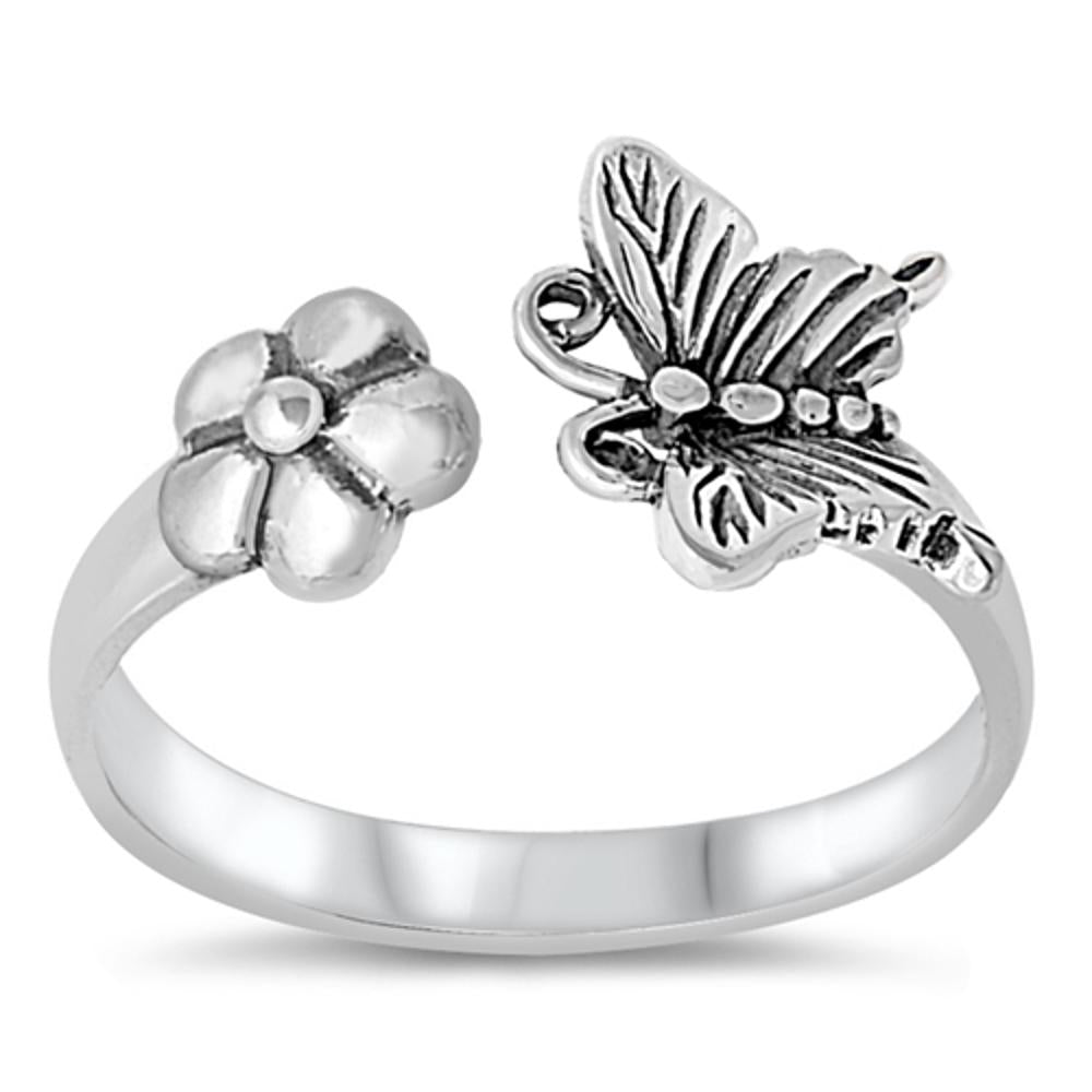Open Oxidized Butterfly Daisy Flower Ring .925 Sterling Silver Band Sizes 4-10
