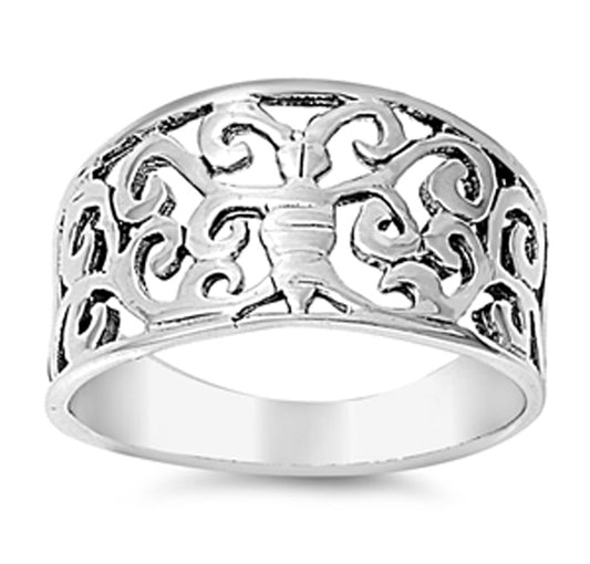 Filigree Wide Butterfly Swirl Elephant Ring .925 Sterling Silver Band Sizes 5-13