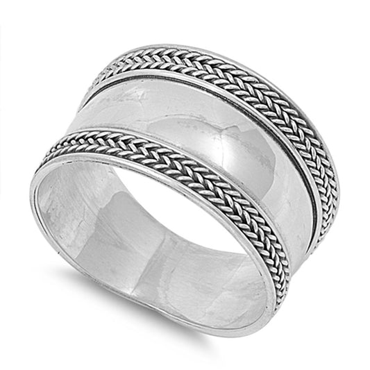 Bali Simple Braid Rope Polished Wide Ring .925 Sterling Silver Band Sizes 6-12