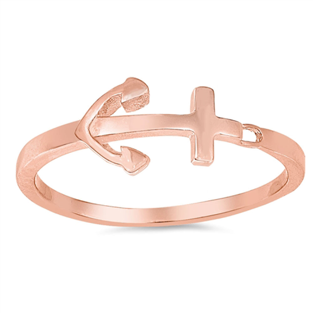 Small Sideways Rose Gold-Tone Anchor Ring .925 Sterling Silver Band Sizes 3-12