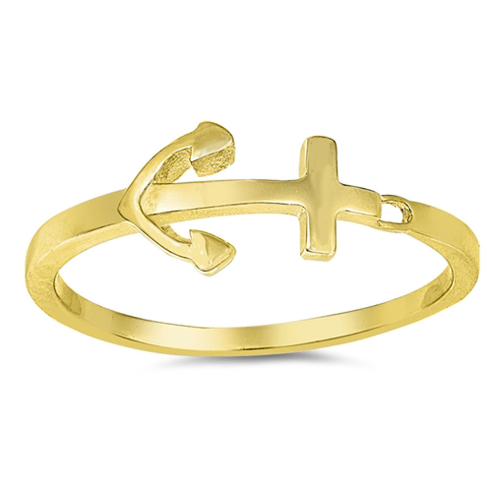Small Sideways Gold-Tone Anchor Sailor Ring .925 Sterling Silver Band Sizes 3-12
