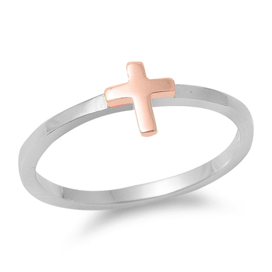 Rose Gold-Tone Cross Love Christ Stacking Ring Sterling Silver Band Sizes 3-10