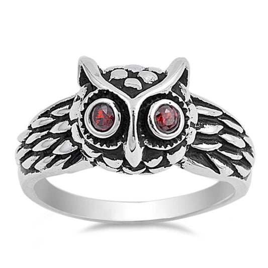 Oxidized Owl Garnet CZ Eyes Fashion Ring New 925 Sterling Silver Band Sizes 5-12