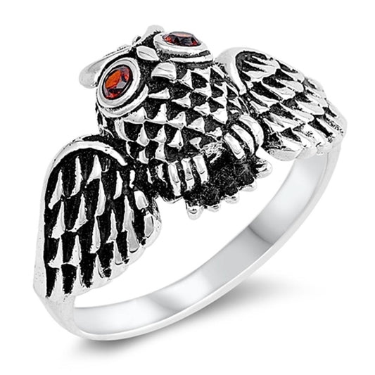 Oxidized Owl Garnet CZ Fashion Ring New .925 Sterling Silver Band Sizes 5-12