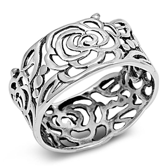 Women's Rose Flower Wrap Cutout Ring New .925 Sterling Silver Band Sizes 5-12