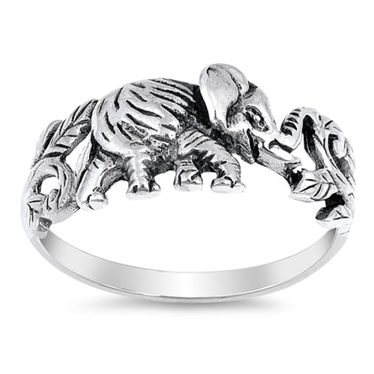 Oxidized Detailed Elephant Leaf Animal Ring .925 Sterling Silver Band Sizes 5-10