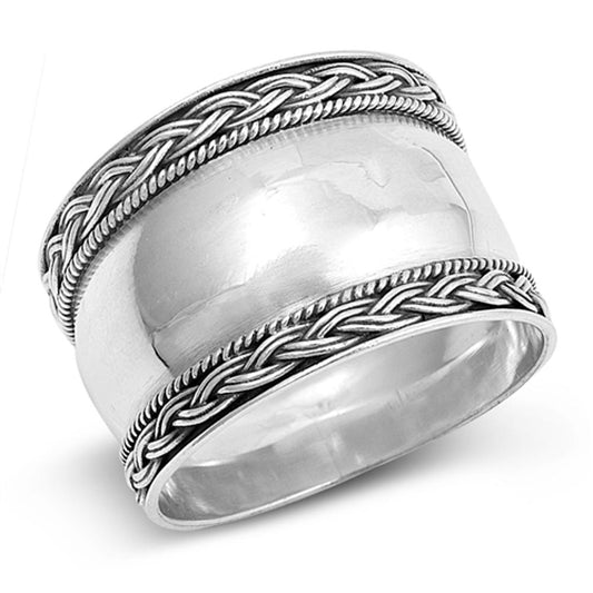 Wide Bali Rope Weave High Polish Ring New .925 Sterling Silver Band Sizes 6-11