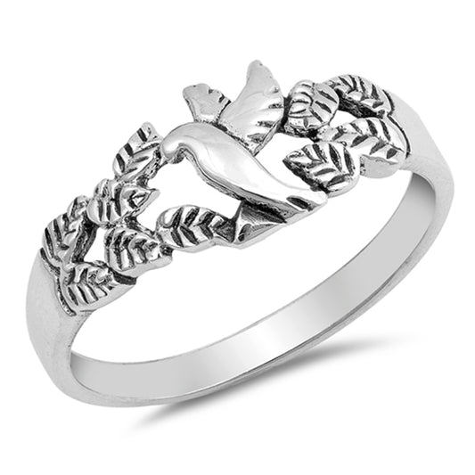 Dove Leaf Oxidized Peace Bird Filigree Ring .925 Sterling Silver Band Sizes 5-10