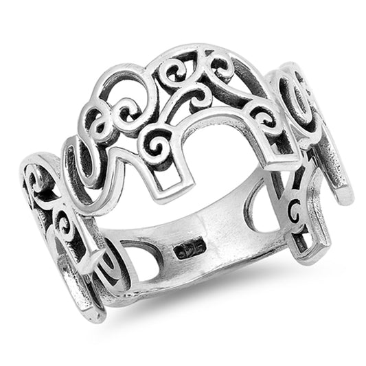 Filigree Oxidized Elephant Swirl Ring New .925 Sterling Silver Band Sizes 5-12