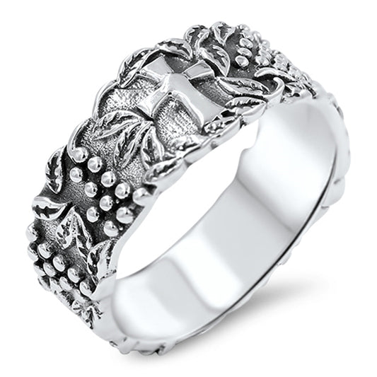 Wide Vineyard Cross Leaf Eternity Ring New .925 Sterling Silver Band Sizes 6-11