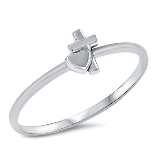 Heart Cross High Polish Simple Dainty Ring .925 Sterling Silver Band Sizes 5-9