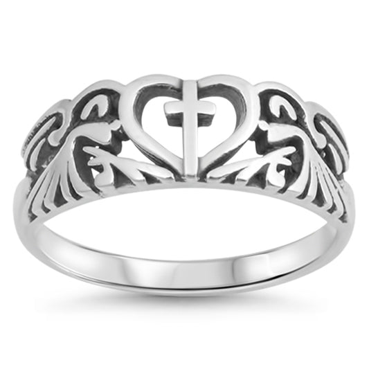 Oxidized Heart Cutout Cross Filigree Ring .925 Sterling Silver Band Sizes 5-9