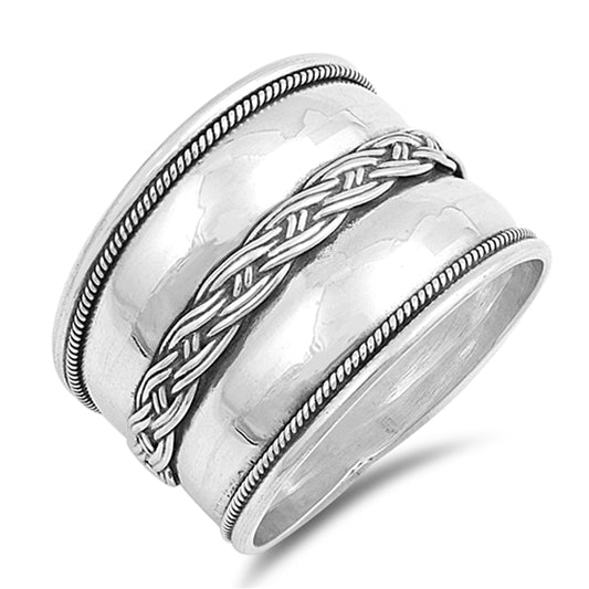 Boho Weave Criss Cross Knot Bali Wide Ring .925 Sterling Silver Band Sizes 6-10
