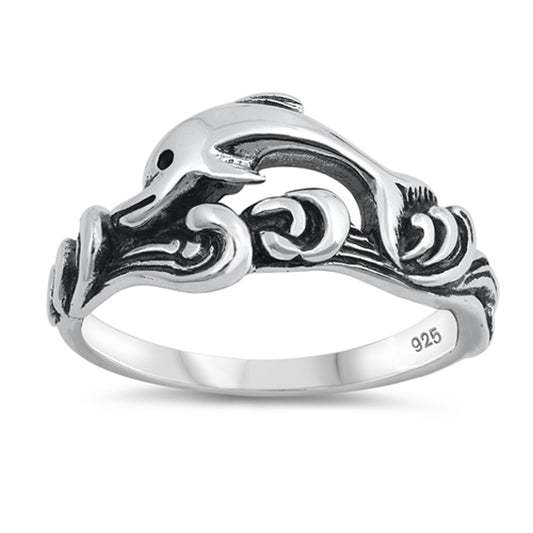 Oxidized Dolphin Animal Wave Play Ring New .925 Sterling Silver Band Sizes 4-10