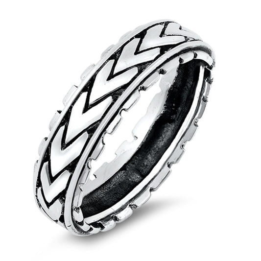 Fashion Ring Chevron Grooved Tire New .925 Sterling Silver Band Sizes 6-12