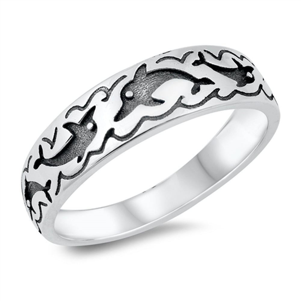 Unique Oxidized Dolphin Wave Ocean Animal Ring New .925 Sterling Silver Band Sizes 5-10