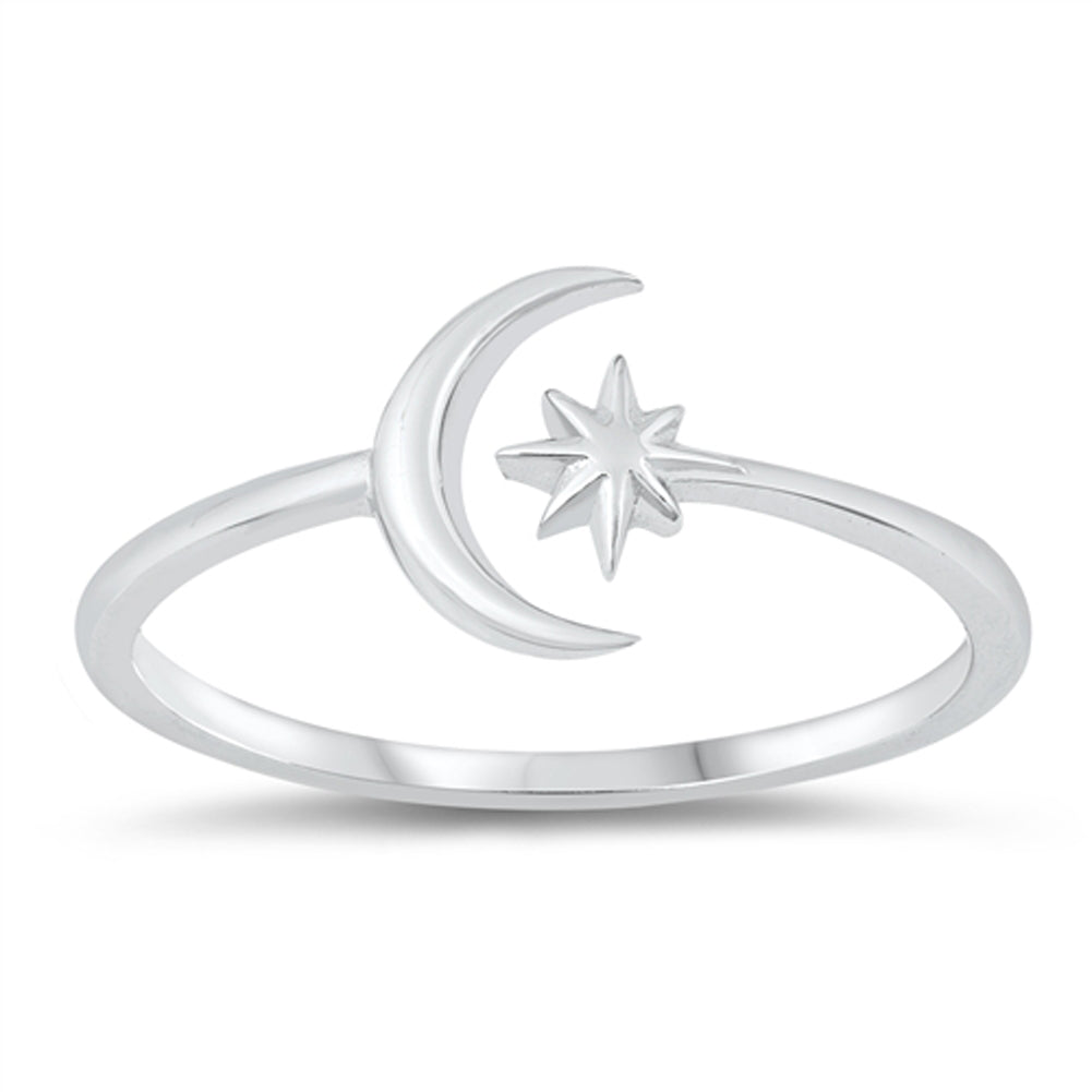 Dainty North Star Crescent Moon .925 Sterling Silver Band Sizes 3-13